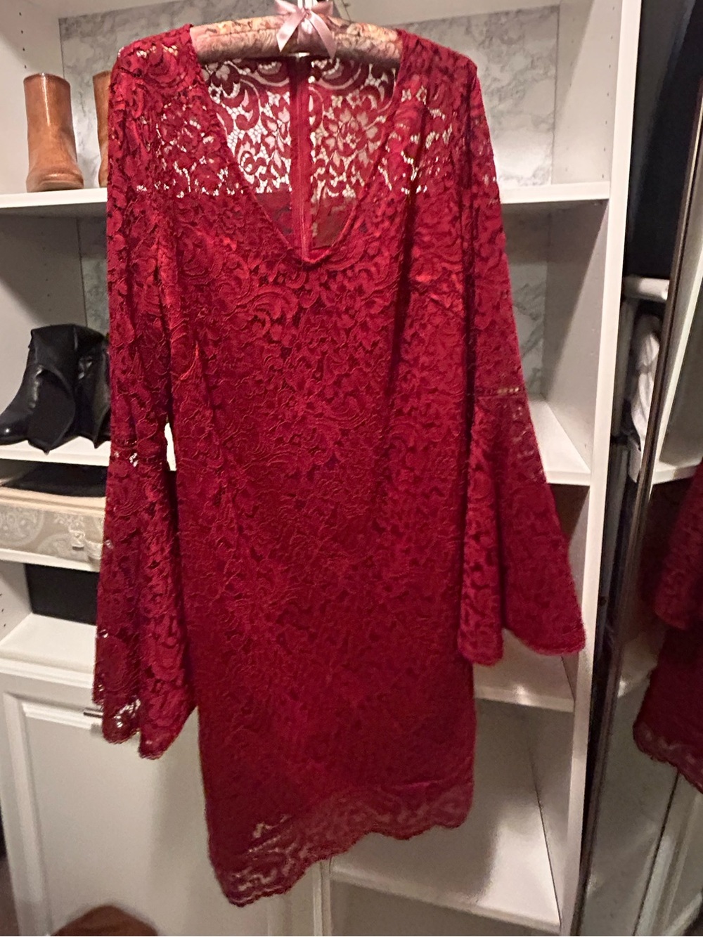 White House Black Market Burgundy Lace Bell Sleeve Dress - Size 16
